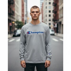 Champion Athleticwear Long Sleeve T-Shirt Mens S Gray Cotton Blend Crew Neck NEW